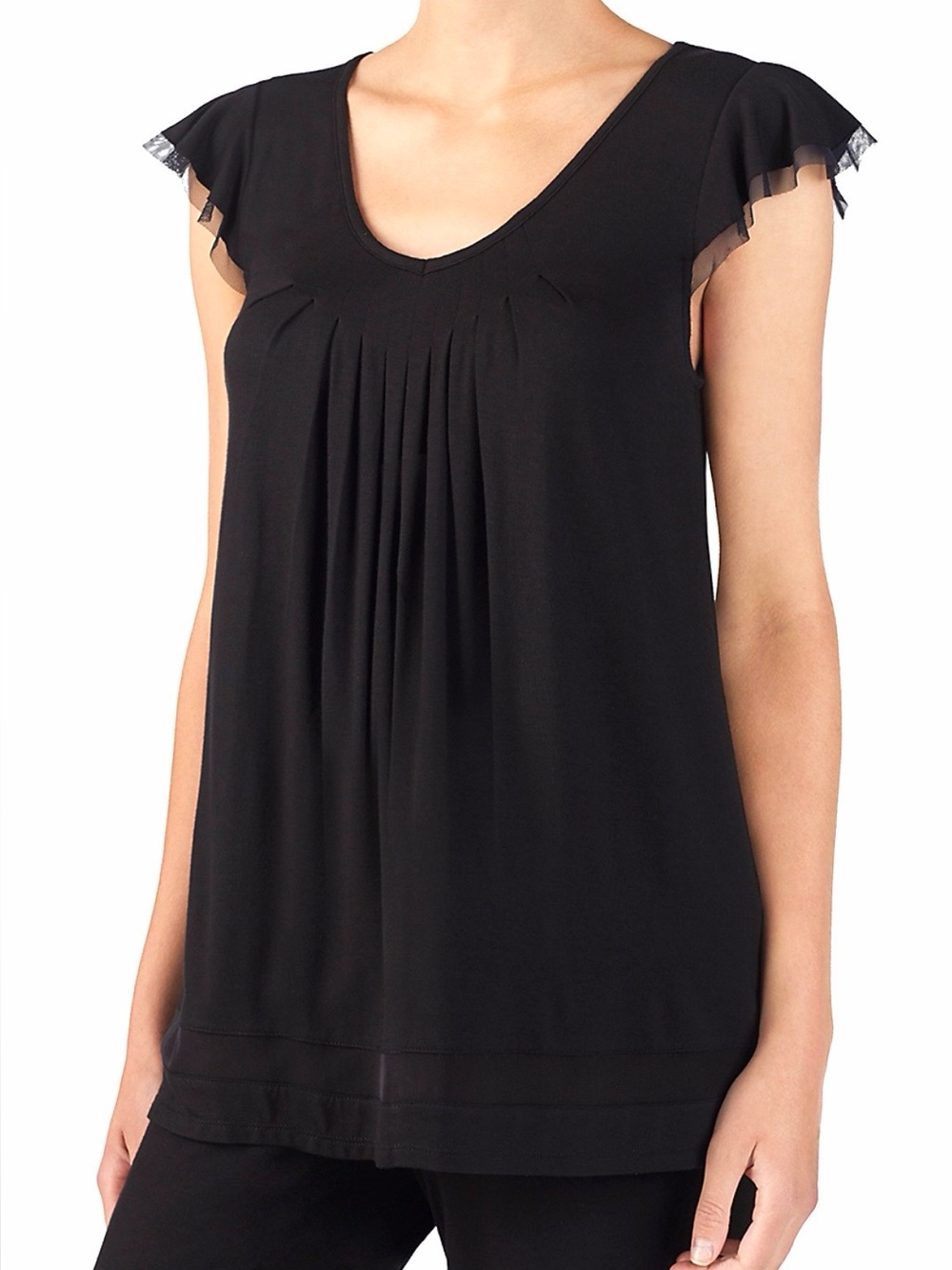 Ellen Tracy Women Solid Black Ruffle Sleeve Sleep Pajama Top~ Lg~EUC
